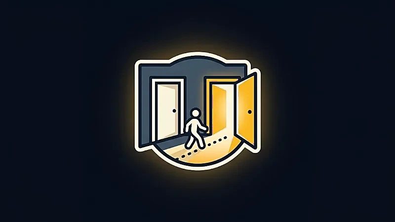 Illustration&nbsp;: une silhouette crème quitte une porte sombre pour rejoindre une porte dorée ouverte
