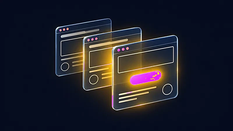 Illustration&nbsp;: trois fenêtres de navigateur en verre se superposent, un bouton doré brille sur la première