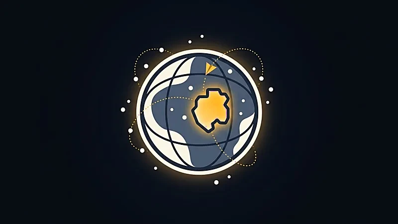 Illustration&nbsp;: un globe stylisé où un pays hexagonal brille en doré, relié par des arcs pointillés à des points crème