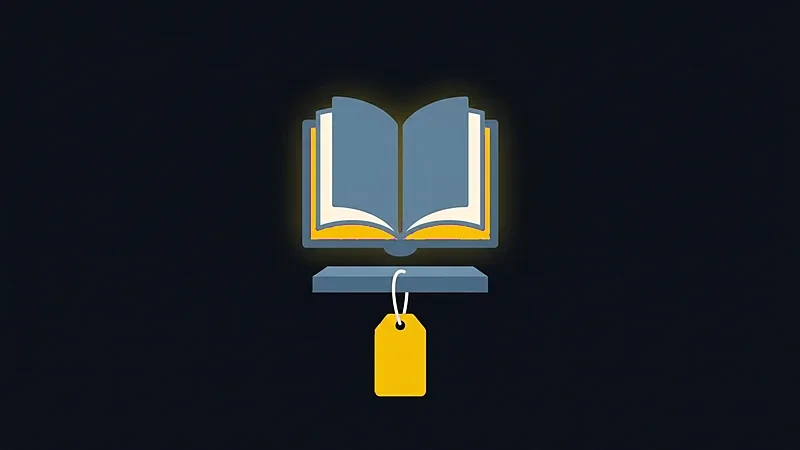 Couverture&nbsp;: un livre ouvert posé sur une étagère, une étiquette de prix jaune suspendue
